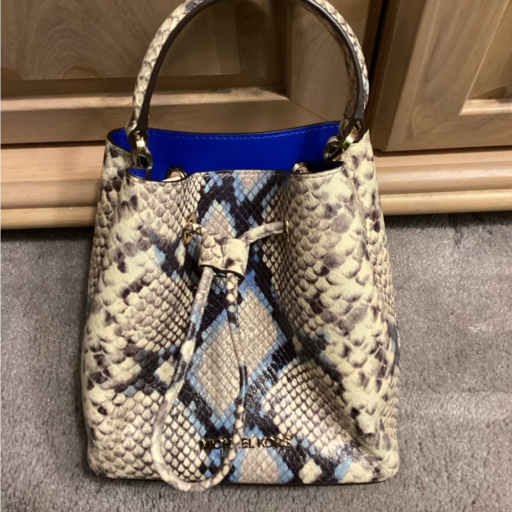 Michael Kors Blue Accented Snake-Embossed Bucket Bag